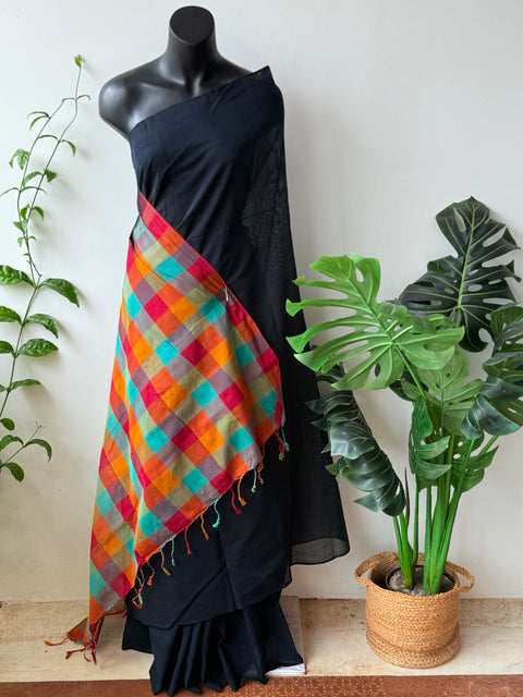 Black multicheck silk cotton saree