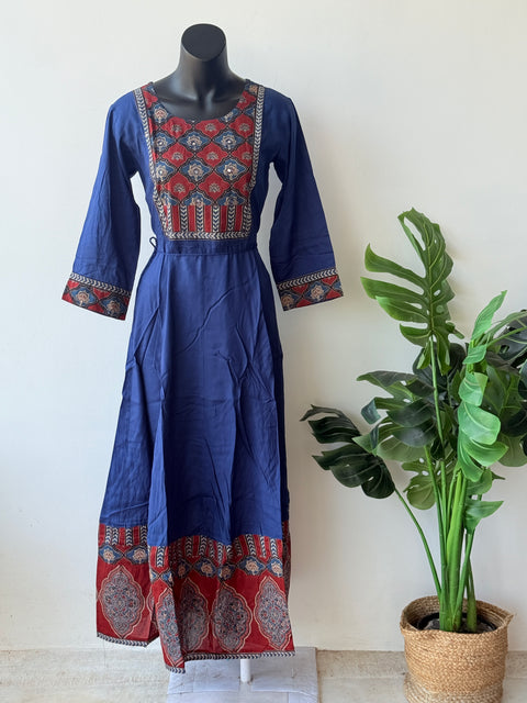 Blue ajrakh printed long Gown