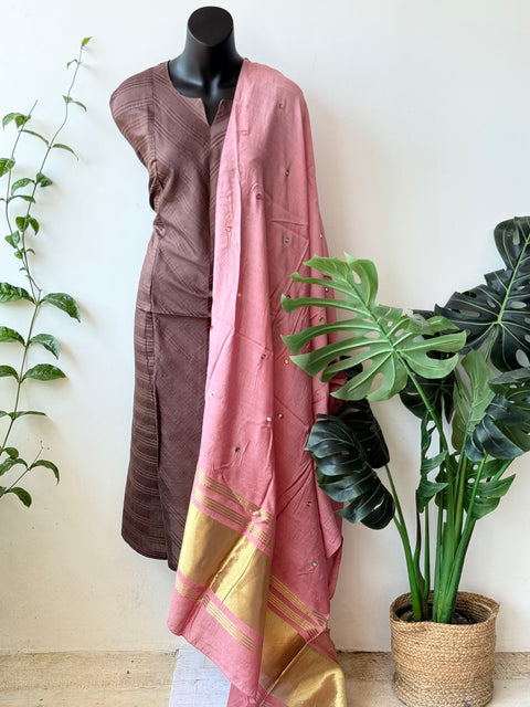 Contrast mirror work silk Dupatta with silk cotton top