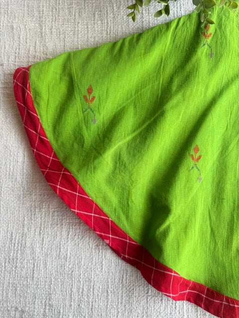 Parrot Green Jamdani cotton kids frock