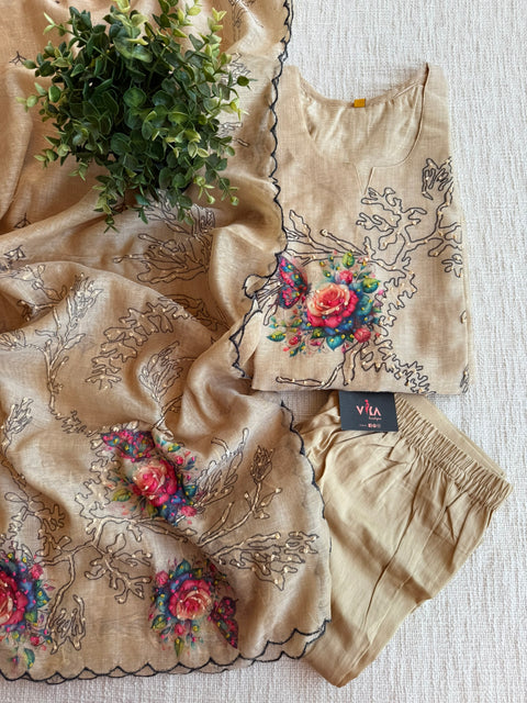Beige thread emb silk cotton Ready suit set