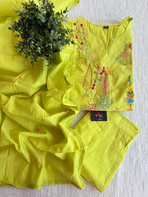 Green emb mul cotton Ready suit set