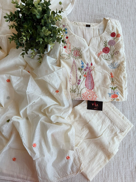 White emb mul cotton Ready suit set