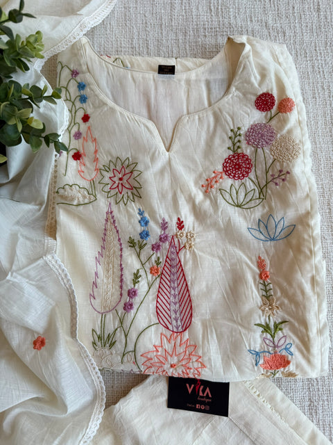 White emb mul cotton Ready suit set