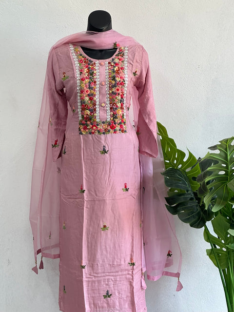 French knot emb Dola silk suit set