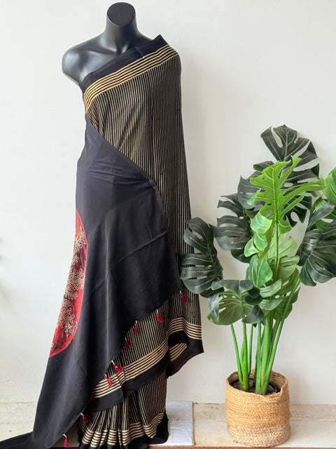 Ajrakh printed modal silk saree