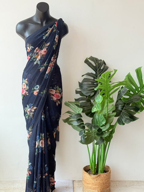 Floral printed georgette saree