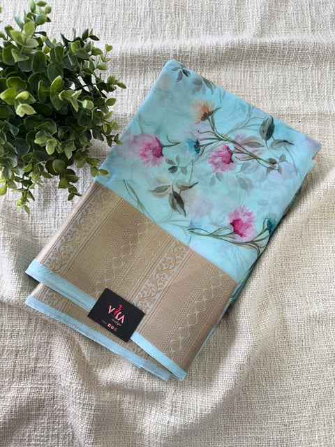 Floral printed semi Organza saree - Light Blue