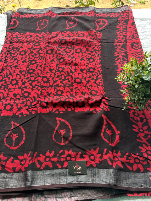 Printed linen cotton saree