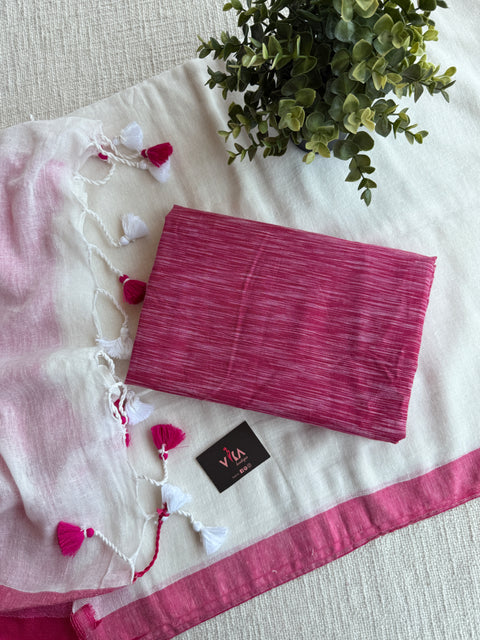 Plain linen saree with ikat blouse pc