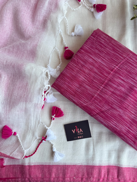 Plain linen saree with ikat blouse pc