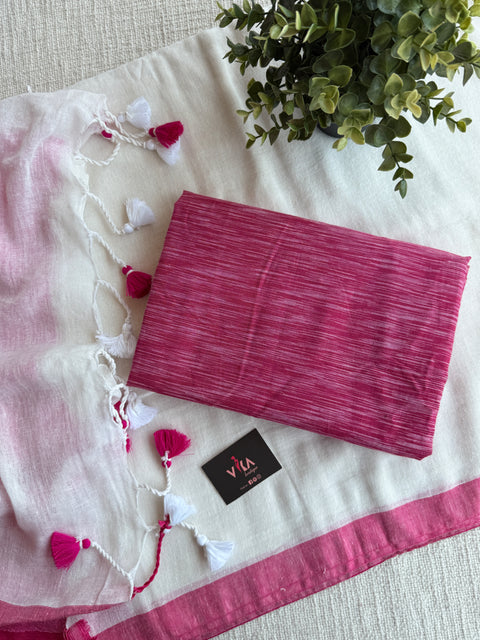 Plain linen saree with ikat blouse pc