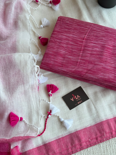 Plain linen saree with ikat blouse pc
