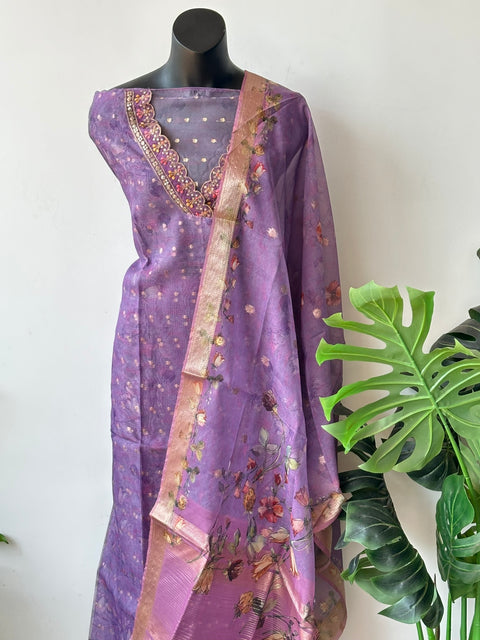 V neck banaras organza suit material