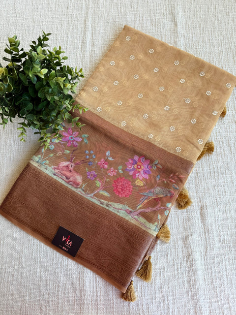 Emb and printed chanderi saree - Beige