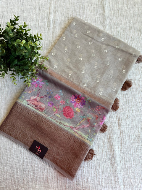 Emb and printed chanderi saree - Grey
