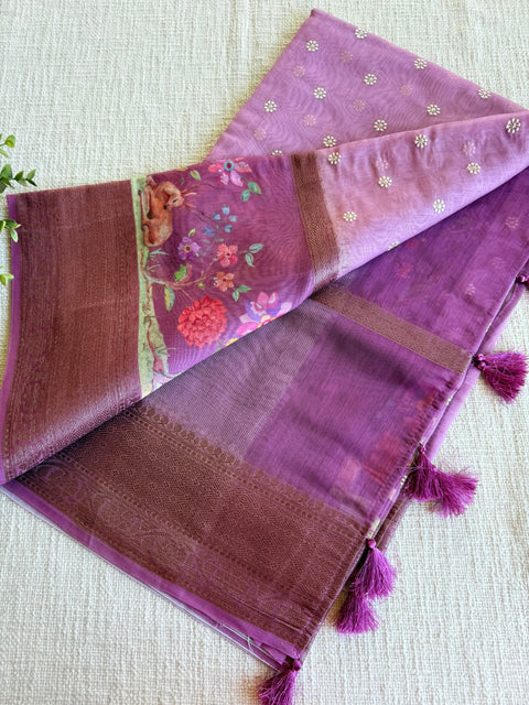 Emb and printed chanderi saree - Purple