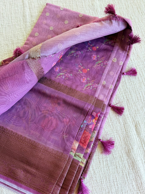 Emb and printed chanderi saree - Purple