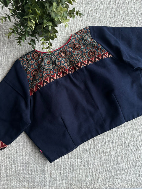 Navy blue Ajrakh patch work blouse