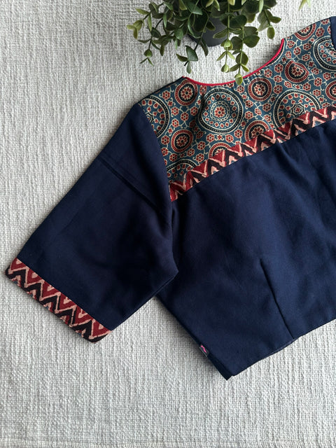 Navy blue Ajrakh patch work blouse