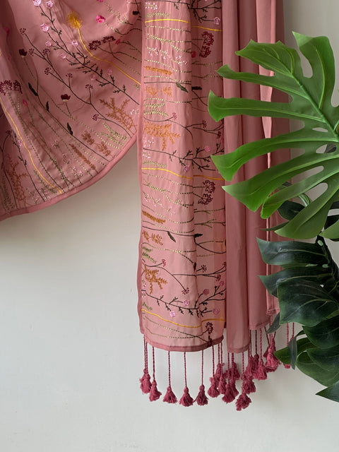 Salmon Pink garden emb georgette saree