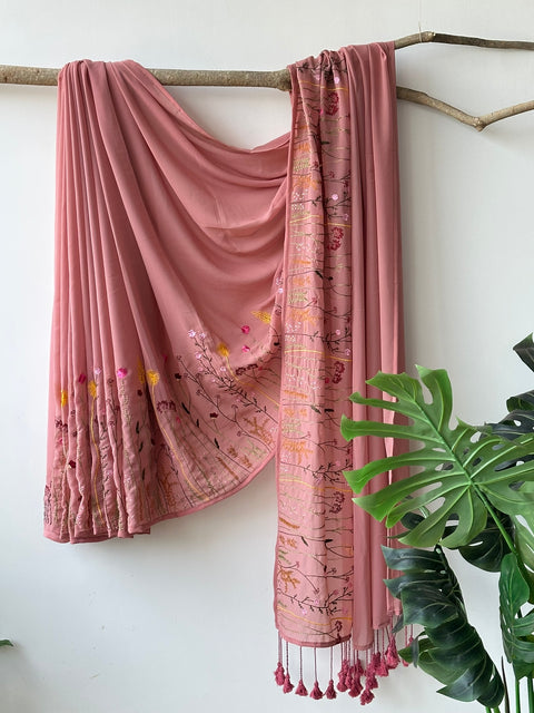 Salmon Pink garden emb georgette saree