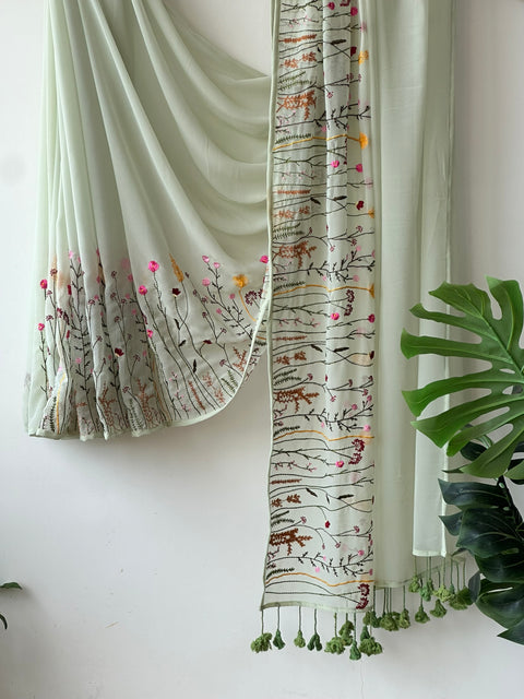 Pista green garden emb georgette saree