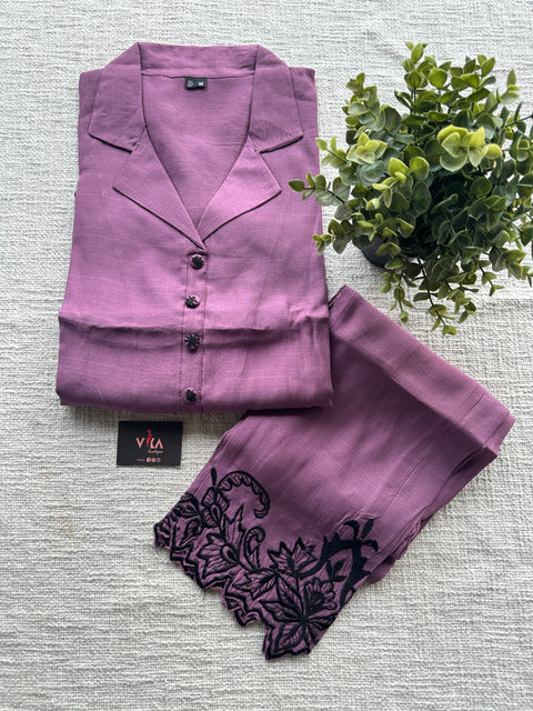 Purple embroidery co-ords