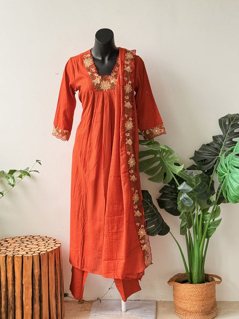 Orange Emb neck Rayon kurta pant set