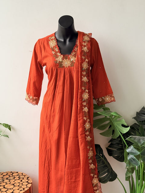 Orange Emb neck Rayon kurta pant set