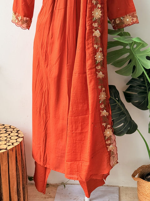 Orange Emb neck Rayon kurta pant set