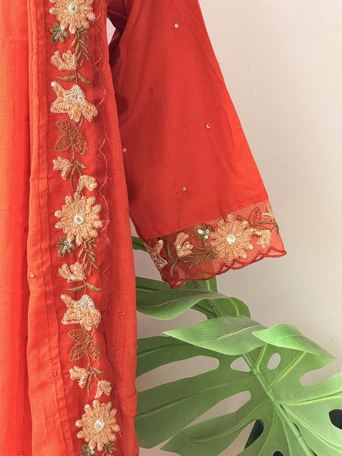 Orange Emb neck Rayon kurta pant set