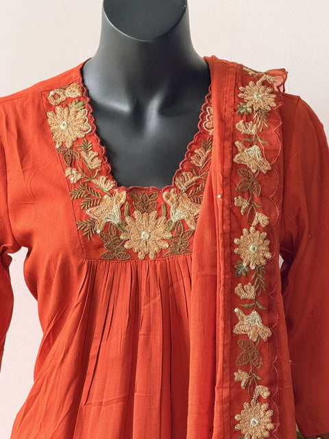 Orange Emb neck Rayon kurta pant set