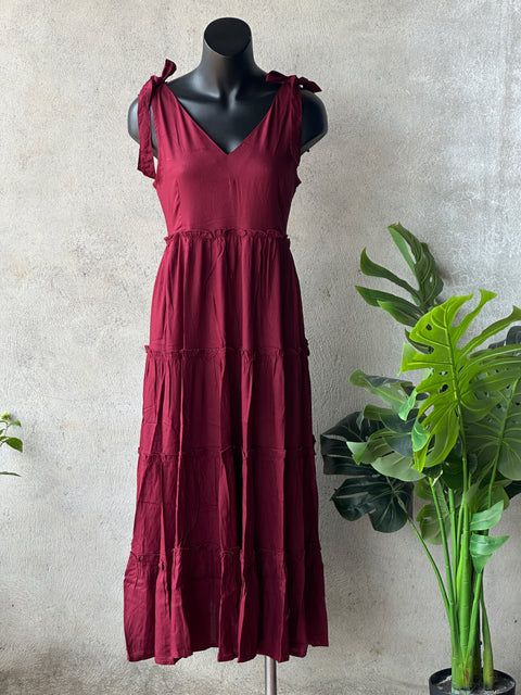Maroon Sleeveless Flared Rayon gown