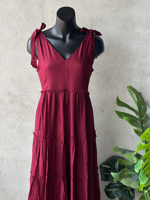 Maroon Sleeveless Flared Rayon gown