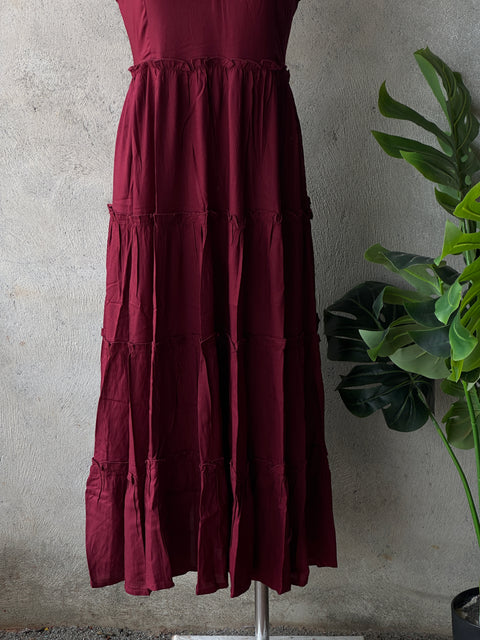Maroon Sleeveless Flared Rayon gown