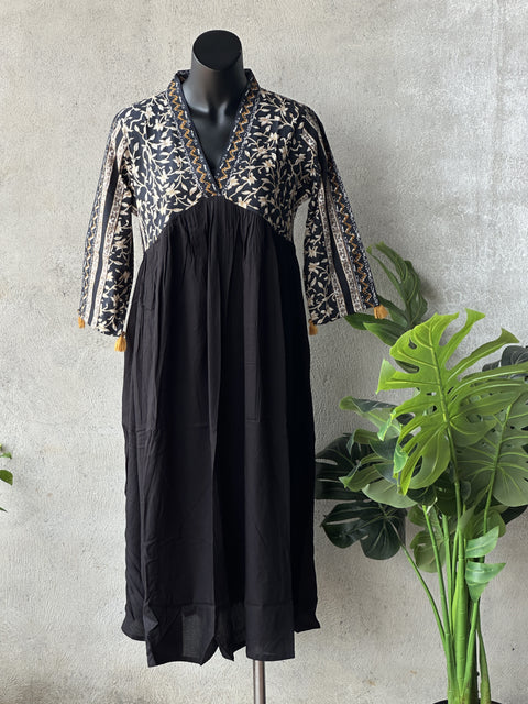 Black Printed cotton collar neck gown