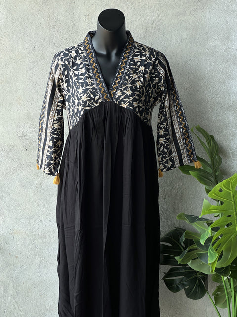 Black Printed cotton collar neck gown