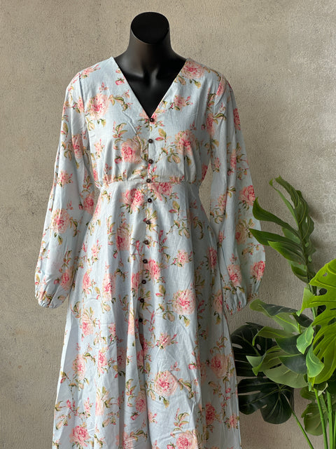 Floral printed calf length cotton gown
