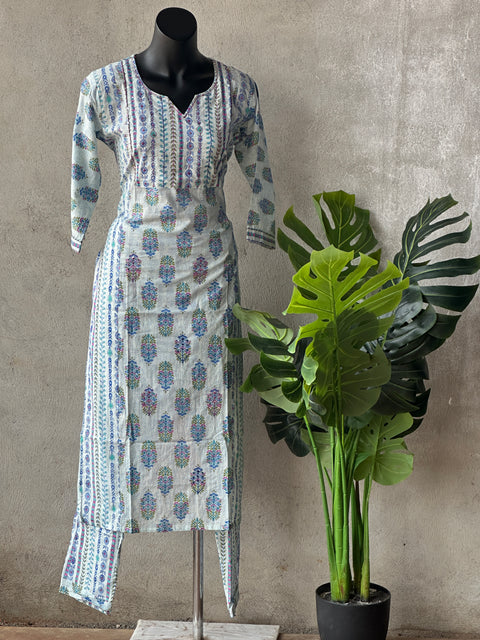 Kantha work printed cotton kurti pant