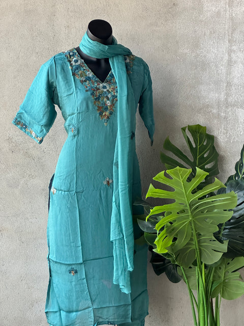 Hand embroidery chinnon silk kurti pant set