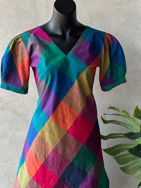Multi checked Puff sleeve cotton kurti