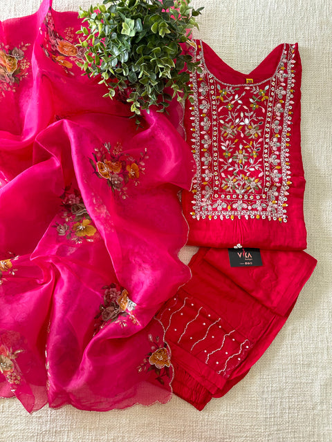 Partywear Neck emb ready kurti pant set