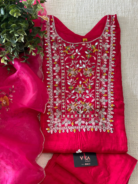 Partywear Neck emb ready kurti pant set