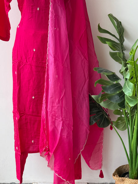 Neck emb Dola silk kurta pant set - Pink