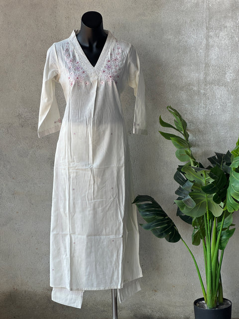 Off white emb pure cotton kurti pant