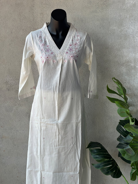Off white emb pure cotton kurti pant