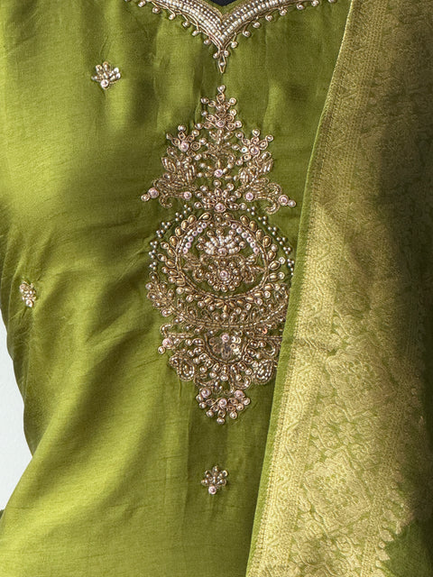 Neck work Russian silk kurta pant set