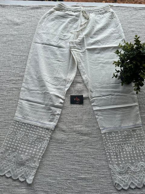 Off white lace work straight fit cotton pant