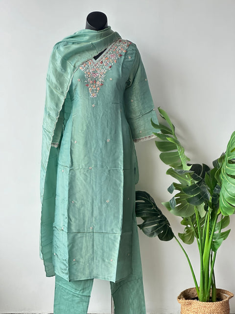 Neck work tissue kurta pant set
